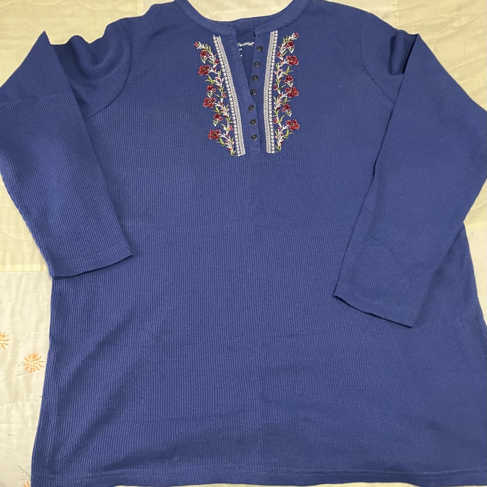 Woman Within Blue Long Sleeve Top with Embroidery
